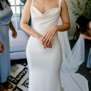 Cowl Neck Wedding Dress – Crepe Fit and Flare Gown – Low Back Bridal Dress – Minimalist Sleek Look – Simple Modern Train – Sleeveless