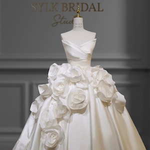 Satin Ball Gown Wedding Dress With 3D Floral Applique, Strapless Corset Bridal Gown, Pearl Accents, Dramatic Full Skirt With Train