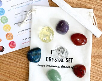Seven Chakra Tumbled Stone Set with Selenite Wand: Meditation & Healing Crystals