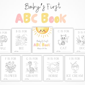 May include: A collection of illustrated ABC flashcards for babies. Each card features a letter and a corresponding image, such as an apple, bee, cat, duck, flower, giraffe, horse, and ice cream. The title "Baby's First ABC Book" is displayed at the top.