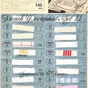 May include: A vintage advertisement from Au Bon Marché, Paris, featuring fabric swatches and text in French. The document includes measurements in meters and prices, with the text "French Documents Set 11" and "Souvenir de la France".
