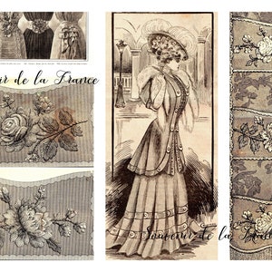 May include: A vintage collage featuring a woman in a stylish dress, a floral design, and the text "Souvenir de la France".