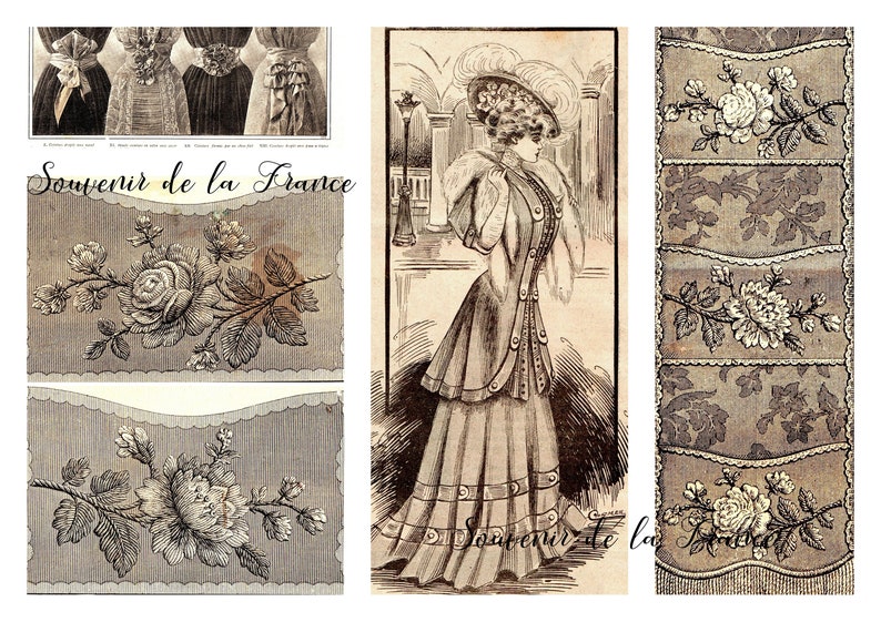 May include: A vintage collage featuring a woman in a stylish dress, a floral design, and the text "Souvenir de la France".