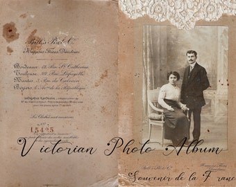 Álbum de fotos victoriano - Portada y tres plantillas diferentes - Cuatro páginas al revés y cuatro fotos antiguas para imprimir