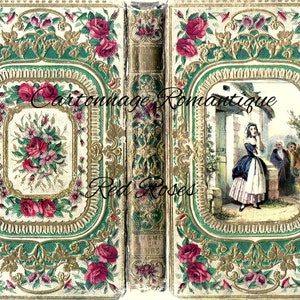 Puede incluir: Cubierta de libro antiguo con diseño floral. La cubierta presenta rosas rojas, detalles dorados y el texto "Cartonnage Romantique" y "Red Roses". El lomo del libro es visible, con un patrón decorativo.