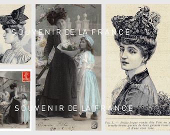 Lady in black - Five page French Printables - all from original postcards and documents - see description below - landscape format