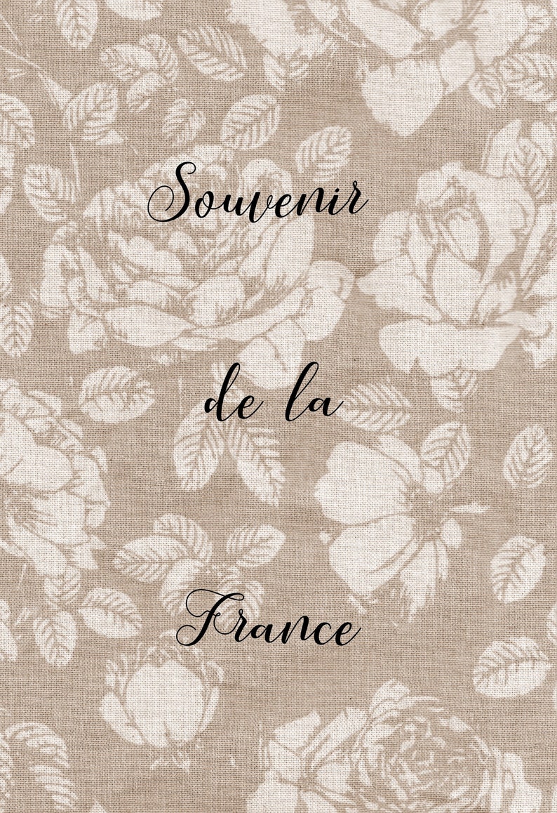 May include: A beige fabric background with a white floral pattern. The text "Souvenir de la France" is printed in black cursive font.