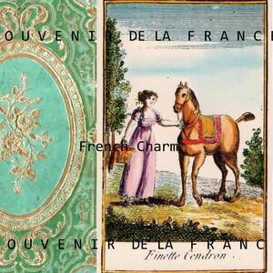 May include: A vintage illustration of a young woman in a pink dress petting a brown horse. The image is surrounded by a decorative border with the text "Souvenir de la France" and "French Charm" in gold lettering. The image is from a vintage book or card.