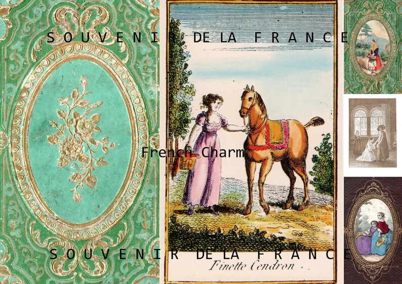 May include: A vintage illustration of a young woman in a pink dress petting a brown horse. The image is surrounded by a decorative border with the text "Souvenir de la France" and "French Charm" in gold lettering. The image is from a vintage book or card.