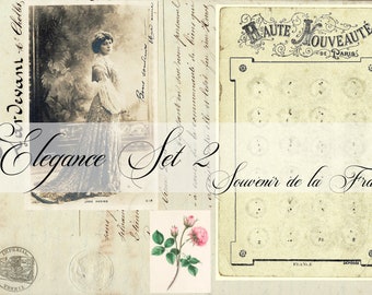 May include: A vintage postcard with a black and white photo of a woman in a long dress. The postcard has the text "Elegance Set 2 Souvenir de la France" and a stamp with the text "ZUAKIS" and "FRANCK".