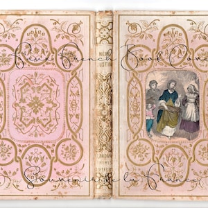 May include: A pink and gold book cover with the title "Faux French Book Corner" and the text "Souvenir de la France". The cover features a decorative floral design and an illustration of a woman and children.