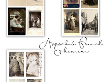 May include: A collection of vintage French postcards featuring images of people, landscapes, and buildings. The postcards are in black and white and have a faded, antique look. The text on the postcards reads "Souvenir de la France" and "Assorted French Ephemera".
