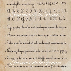May include: A vintage postcard with a handwritten message in French. The postcard features a black and white image of a French countryside scene with a quote about the importance of time. The text on the postcard reads "Souvenir de la France".