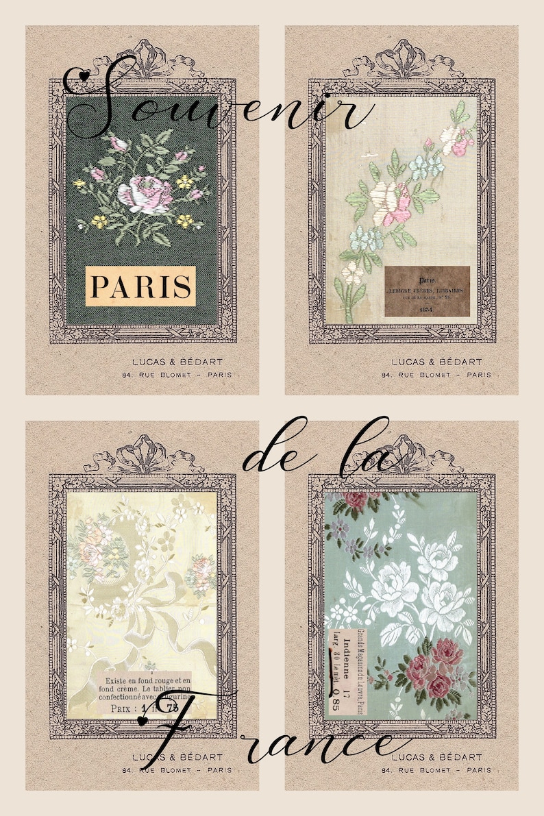 Vintage Framed French Images and Fabric Ephemera Etsy