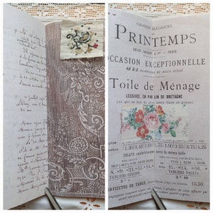 May include: A vintage advertisement for Toile de M&eacute;nage, a linen fabric made in Brittany, France. The ad features a floral design and a price list for various sizes of fabric, tablecloths, and napkins. The text reads "Grands Magasins du Printemps, Jules Jallot & Cie, Paris, Occasion Exceptionnelle, 40.00 au-dessous du cours actuel, Toile de M&eacute;nage, Lessiv&eacute;, en pur lin de Bretagne (ce qui se fait de plus beau dans ce genre)"