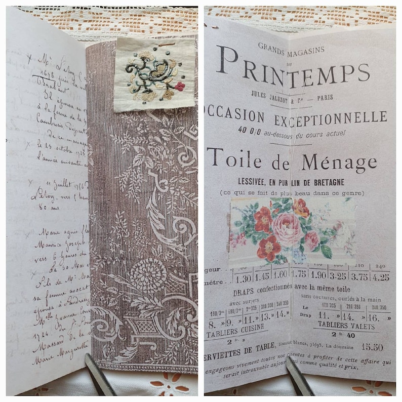 May include: A vintage advertisement for Toile de M&eacute;nage, a linen fabric made in Brittany, France. The ad features a floral design and a price list for various sizes of fabric, tablecloths, and napkins. The text reads "Grands Magasins du Printemps, Jules Jallot & Cie, Paris, Occasion Exceptionnelle, 40.00 au-dessous du cours actuel, Toile de M&eacute;nage, Lessiv&eacute;, en pur lin de Bretagne (ce qui se fait de plus beau dans ce genre)"