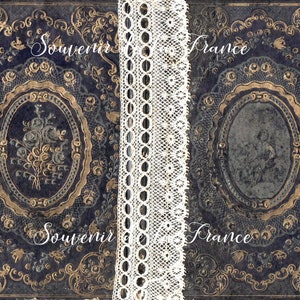 May include: A dark blue book cover with gold and silver embellishments. The cover features a floral design and the words "Souvenir France" repeated twice.
