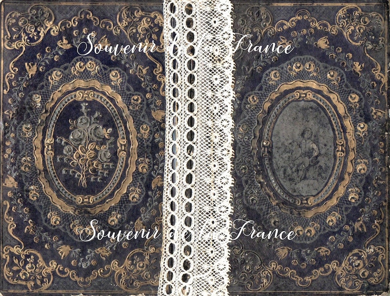 May include: A dark blue book cover with gold and silver embellishments. The cover features a floral design and the words "Souvenir France" repeated twice.