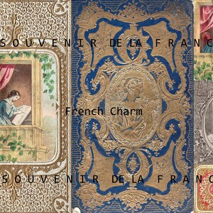 May include: A vintage postcard with a gold and blue design featuring the text "Souvenir de la France" and "French Charm". The postcard has a decorative border with floral motifs.