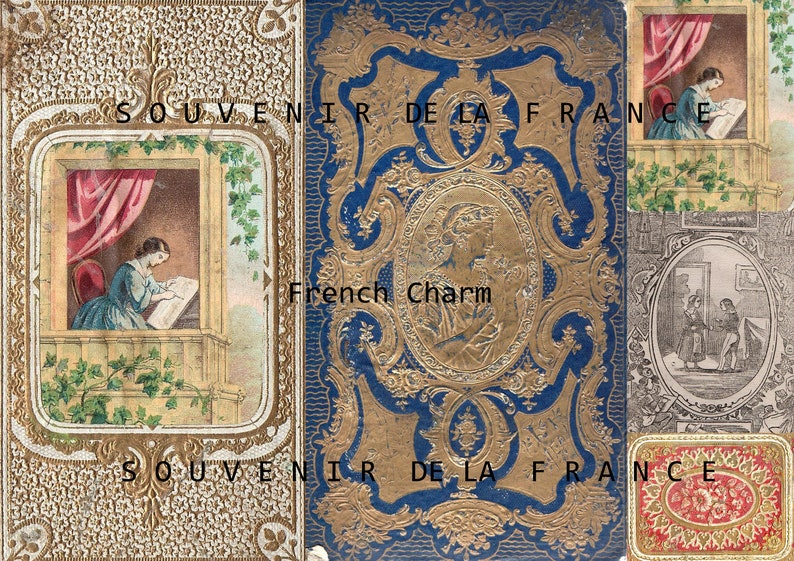 May include: A vintage postcard with a gold and blue design featuring the text "Souvenir de la France" and "French Charm". The postcard has a decorative border with floral motifs.