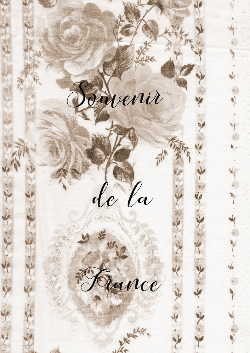 May include: A white fabric with a brown floral pattern and the text "Souvenir de la France".