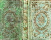 Antique French Faux Grungy Book Cover for Junk Journal Cover - teal and green color - landscape format