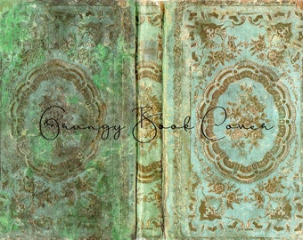 Antique French Faux Grungy Book Cover for Junk Journal Cover - teal and green color - landscape format