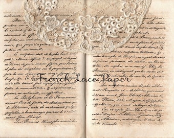 French Documents Set 9 - Antique Book Pages with French Lace- US Letter Size - landscape format