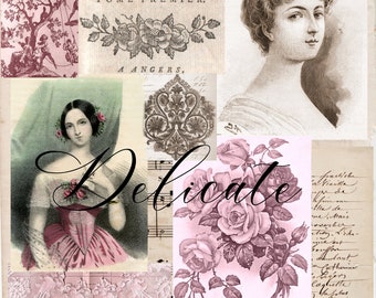 Delicate - 11 pages of pink and sepia French Journal and Ephemera pages - Slim Format Letter size - Document format Journal