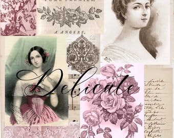 Delicate - 11 pages of pink and sepia French Journal and Ephemera pages - Slim Format Letter size - Document format Journal - portrait