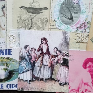 May include: A vintage illustration of a group of girls in dresses standing in a forest. The girls are wearing various colors, including blue, red, and pink. The illustration is printed on a piece of paper with a white background.