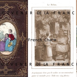 May include: A vintage book cover with a gold embossed design and the text "SOUVENIR DE LA FRANCE". The cover features a small oval illustration of two girls in a garden setting.