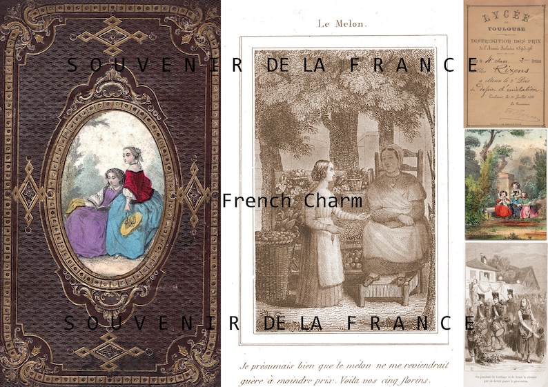 May include: A vintage book cover with a gold embossed design and the text "SOUVENIR DE LA FRANCE". The cover features a small oval illustration of two girls in a garden setting.