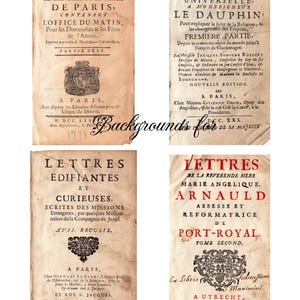 Puede incluir: Cuatro portadas de libros antiguos con títulos franceses. Las portadas están amarillentas y desgastadas por el tiempo. Los títulos incluyen "Livre d'Eglise Latin-Francois", "Discours sur l'Histoire Universelle", "Lettres Edifiantes et Curieuses", y "Lettres de la Reverende Mere Marie Angelique, Arnauld Abbesse et Reformatrice de Port-Royal".