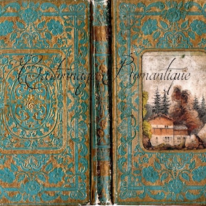 Op de afbeelding: Een vintage boek met een teal en gouden omslag. De omslag heeft een sierlijk ontwerp en een kleine illustratie van een huis in een bos. De tekst "Cartonnage Romantique" staat op de omslag.