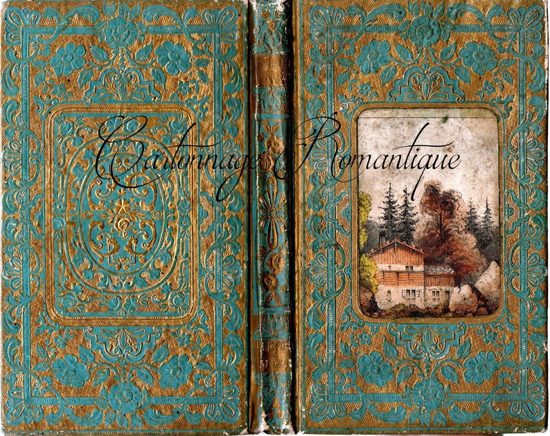 Op de afbeelding: Een vintage boek met een teal en gouden omslag. De omslag heeft een sierlijk ontwerp en een kleine illustratie van een huis in een bos. De tekst "Cartonnage Romantique" staat op de omslag.