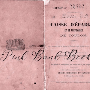 Libreta bancaria rústica francesa rosa, tamaño carta de EE. UU., imprimible, de 1872, más cuatro imágenes (lea la descripción sobre cómo imprimirlas, en formato horizontal).