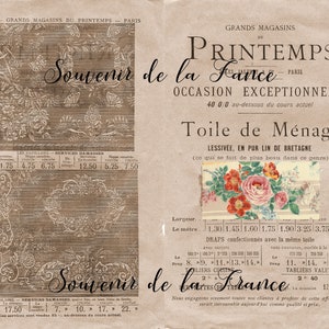 May include: A vintage advertisement for linens from the Printemps department store in Paris, France. The ad features a floral design and the text "Souvenir de la France" and "Toile de M&eacute;nage".