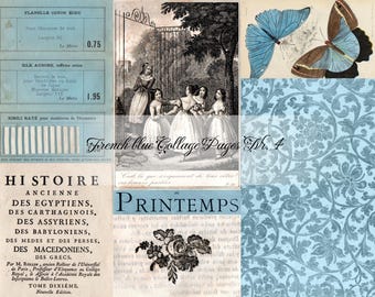 Blue French Collage Kit No. 4 - ten pages for Journals and Ephemera - US Letter Size - Landscape format