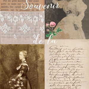 May include: A vintage postcard collage featuring a woman in a white dress, a woman in a dark dress, and a handwritten note. The postcard is titled "Souvenir de la France".