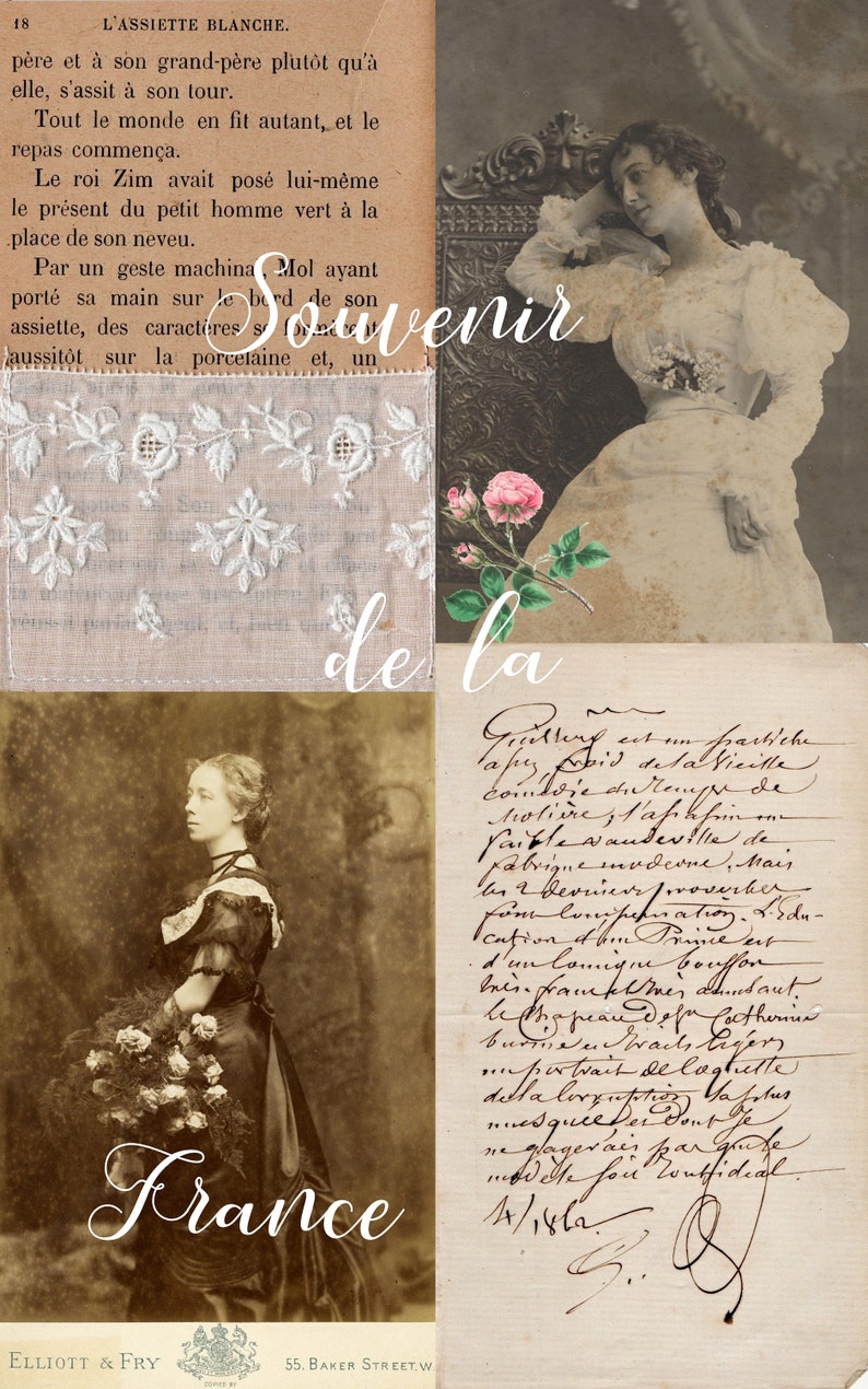 May include: A vintage postcard collage featuring a woman in a white dress, a woman in a dark dress, and a handwritten note. The postcard is titled "Souvenir de la France".
