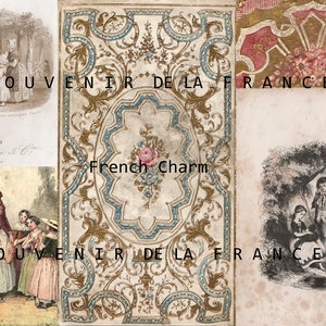 May include: A vintage book cover with a gold and blue ornate design. The text "SOUVENIR DE LA FRANCE" is printed on the cover. The book cover also features a floral design with a pink rose.