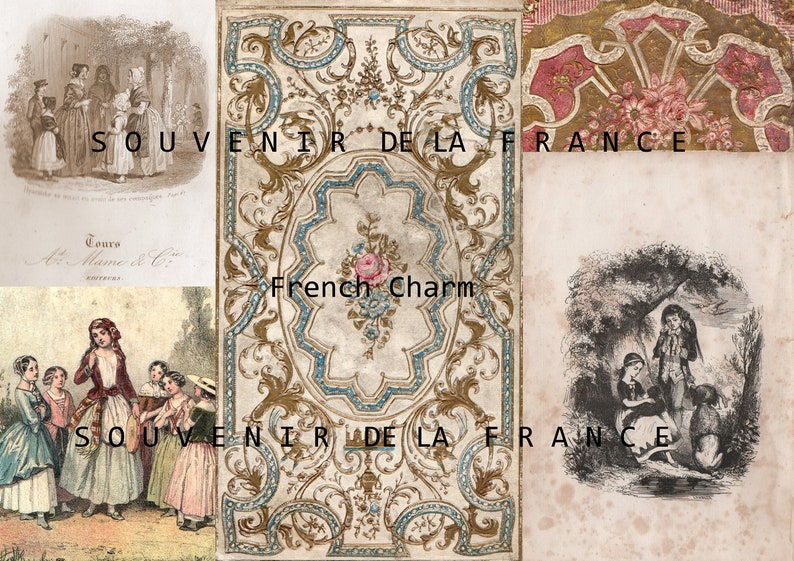 May include: A vintage book cover with a gold and blue ornate design. The text "SOUVENIR DE LA FRANCE" is printed on the cover. The book cover also features a floral design with a pink rose.