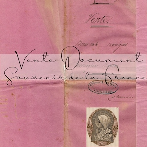 Puede incluir: Un documento rosa con el texto "Vente Document Souvenir de la France" y un sello que dice "MAURICE TO JE MATAIRE LAGRASSSE (104)". El documento también tiene una pequeña imagen de una mujer con un vestido blanco y una cubierta de cabeza azul.