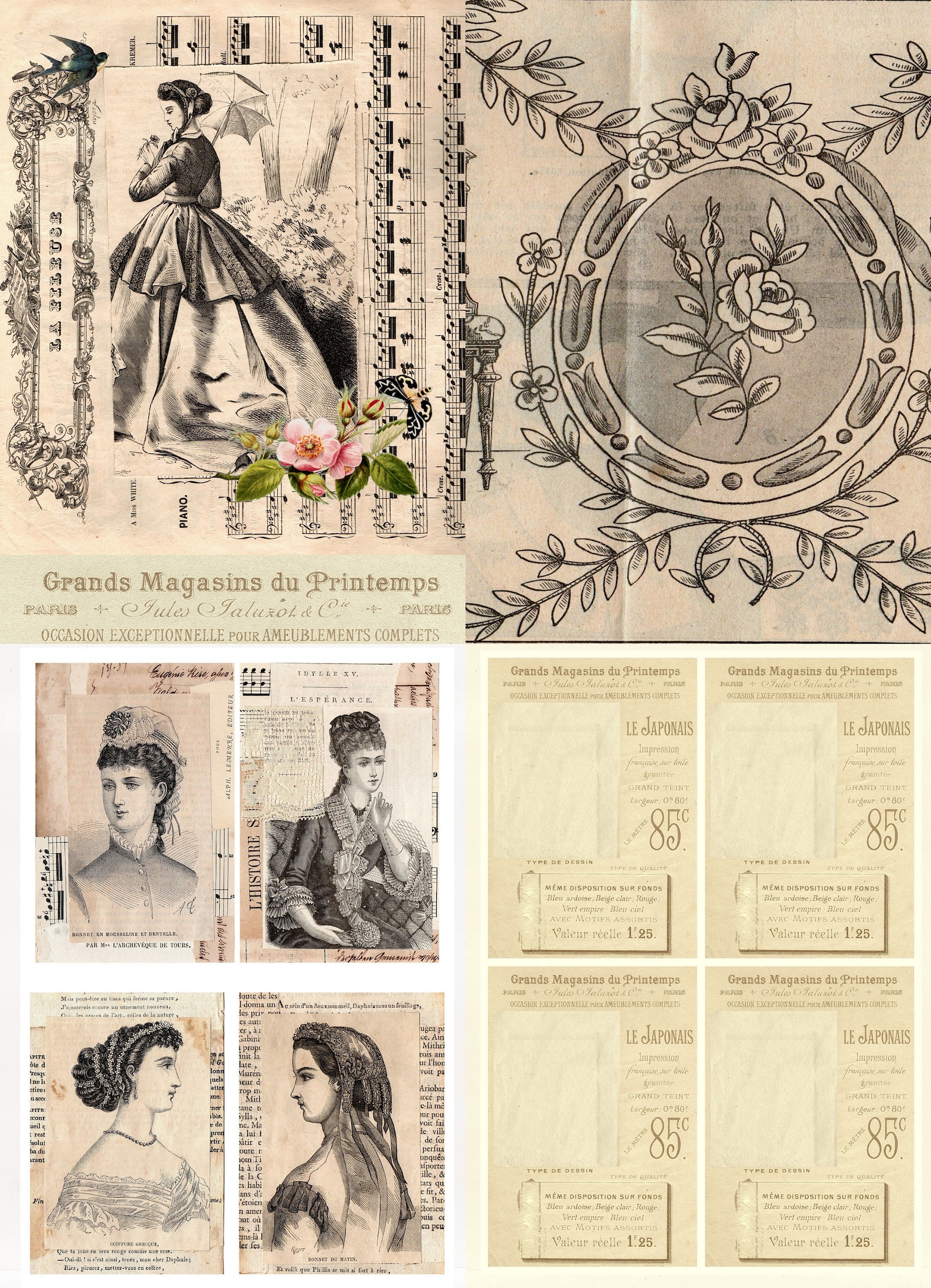 Whimsical - 13 Pages of French Journal and Ephemera Pages - Slim Format ...