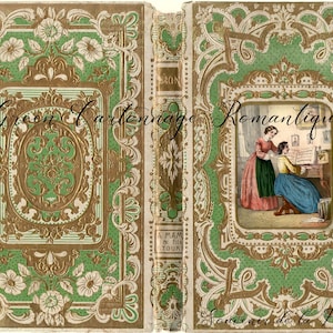 May include: A vintage book cover with a green and gold design. The cover features a floral pattern and the text "Green Cartonnage Romantique Souvenir de la France".