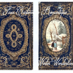 May include: Two antique book covers with gold and blue designs. The left cover features a gold snake design on a blue background. The right cover features a winter scene with a house and two people walking in the snow. The text "Faux Cartonnage Romantique" is written on the top of the covers and "Winter Wonderland" is written on the bottom of the right cover.
