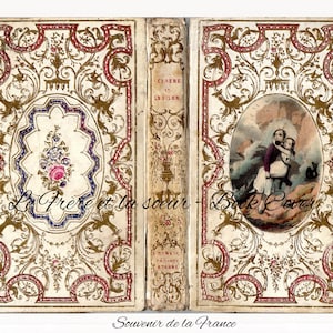 Puede incluir: Una cubierta de libro vintage con un diseño ornamentado en oro y rojo. La cubierta presenta una escena de dos niños en una costa rocosa con un mar tormentoso en el fondo. El título del libro es "Le Frere et la soeur" y el texto "Souvenir de la France" está en la parte inferior.