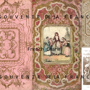 May include: A vintage book cover with a pink and gold design. The cover features the text "SOUVENIR DE LA FRANCE" and a small illustration of children in traditional French clothing. The text "French Charm" is also visible on the cover.