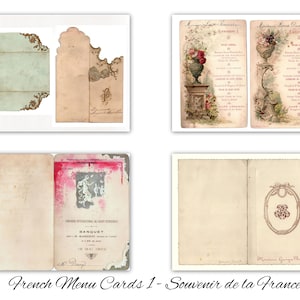 フランスのメニューカード/表紙 - USレターサイズ - 1888年以降のコレクションからの12ページ - 羊皮紙に印刷可能